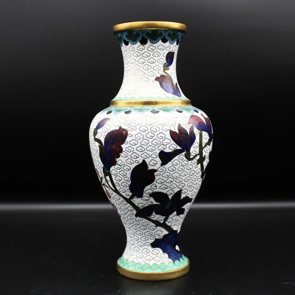 Vintage Brass Cloisonne Vase White Enamel Floral Butterfly w/ Blue Interior 7.5